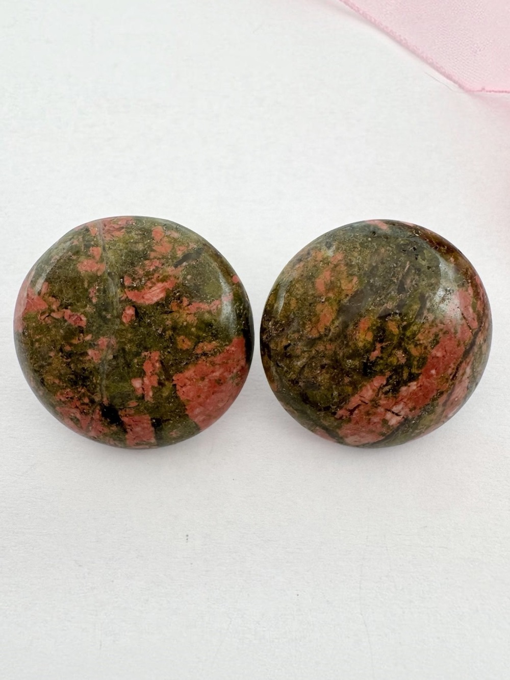 Unakite Stud Earrings Green Pink Chunky Round Polished Dome Semi Precious 1”